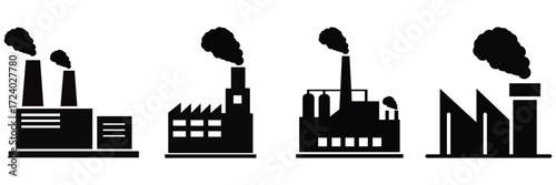 Factory Building Icon Set – Industrial Plant Silhouette and Outline Vector Symbols
 with Chimneys and Smoke for Manufacturing and Industry Design