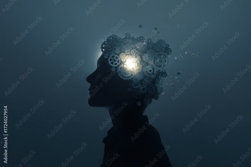 Fototapeta premium Silhouette head, gears, light, intellect