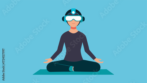 Focused Biohacker A person with short hair wearing a sleek neurofeedback headset sitting crosslegged on a yoga mat with a serene expression while meditating.