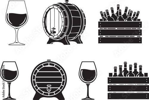 Illustrative Set of Wine Icons with Glasses, Barrels, and Bottle Crates