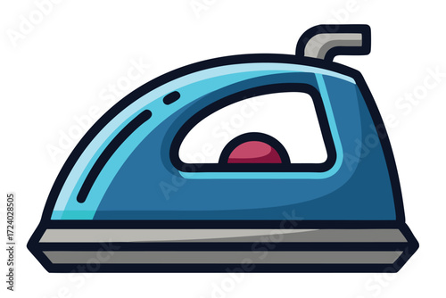 Blue and grey iron for clothes pressing sits isolated against white background