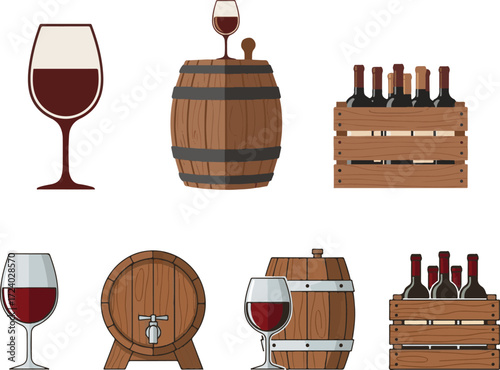Flat Design Wine Collection with Glasses, Barrels, and Bottle Crates