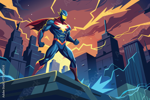 A dynamic illustration of a superhero in action, poised atop a city rooftop during a dramatic storm.
