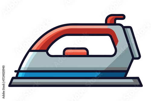 Cartoon appliance depicts a steam iron with gray body and red accents on white