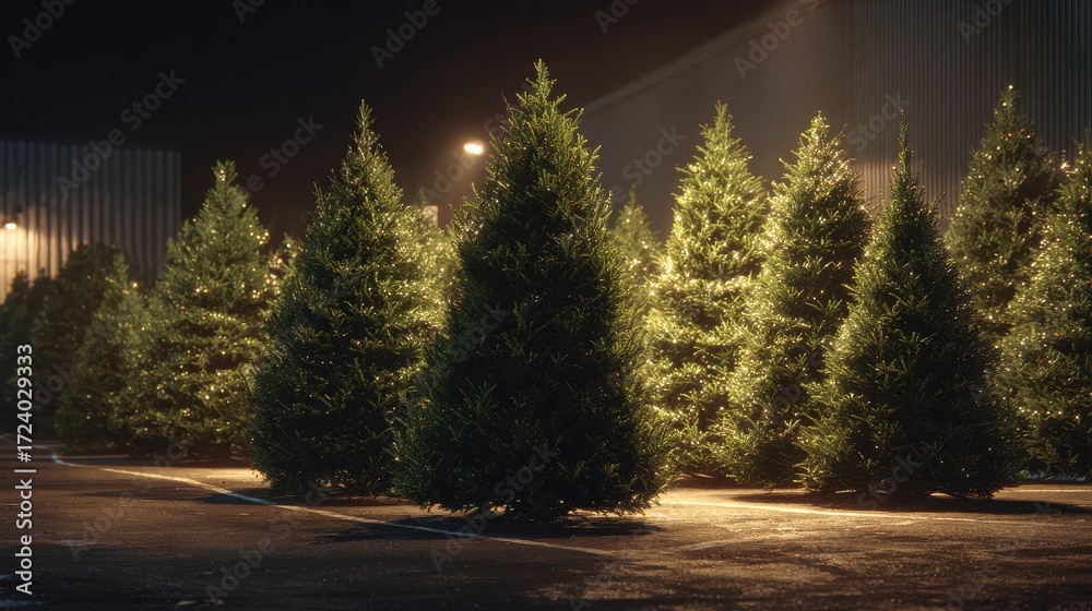 Obraz premium a row of lush green christmas trees standing in an outdoor lot illuminated by contemporary cinematic lighting that creates a warm festive atmosphere