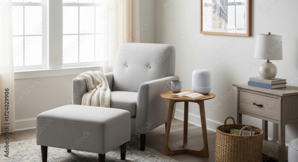 Fototapeta premium Serene reading nook with a soft armchair, ottoman, throw blanket, side table, lamp, humidifier, and large windows for bright, calming natural light.