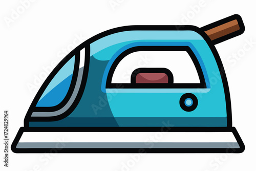 Light blue flat iron cartoon with a brown handle against white background