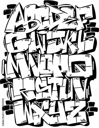 Black and white graffiti style alphabet design, with brick-like background.