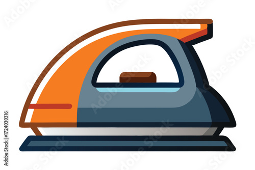 Orange and navy appliance exhibits a smooth design with a comfortable brown grip on top