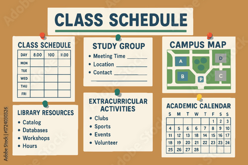 Class schedule and campus information pinned to a bulletin board for students