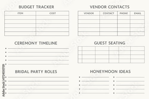 Wedding planning organizer with budget timeline vendor contacts guest seating and notes sections