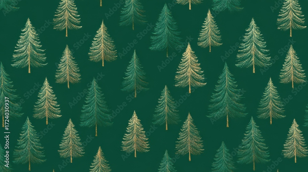 Obraz premium seamless minimalist wrapping paper pattern elegant green christmas trees with subtle gilt accents
