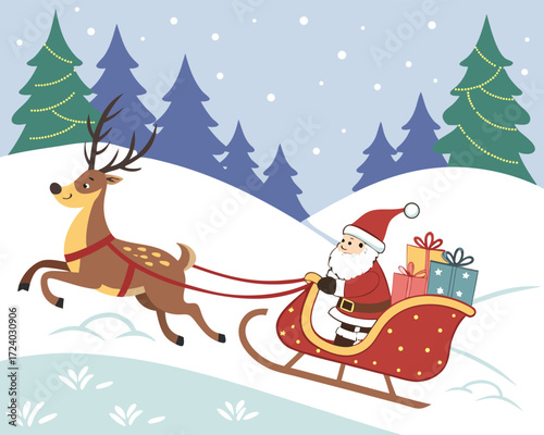 Santa Claus riding in a sleigh with reindeer through snowy forest scene for Christmas celebration and holiday cheer illustration