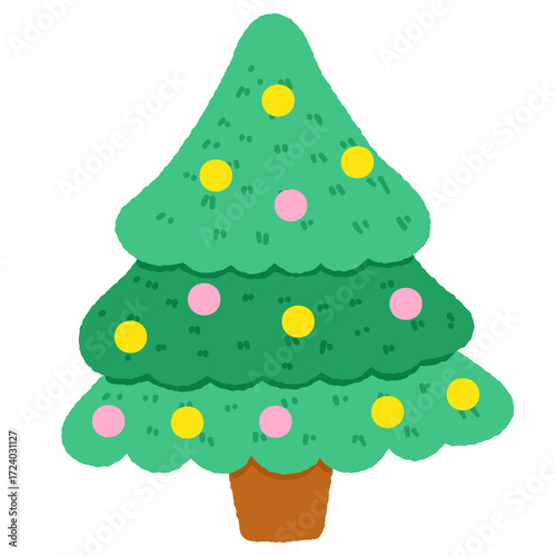 A green Christmas tree with yellow and pink balls on it