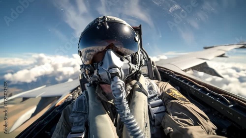 A skilled pilot maneuvers a fighter jet through the sky, showcasing stunning views of the landscape below. Clouds drift by as the aircraft soars, highlighting the thrill of flight