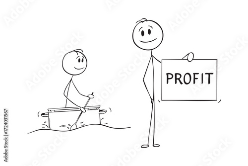 Happy person floating on the kitchen pot, vector cartoon stick figure or character illustration.