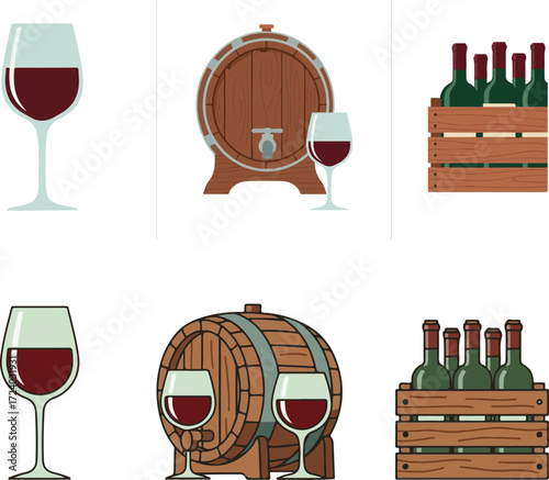 Illustrated Collection of Wine Glasses, Barrels, and Bottled Wine in Crates