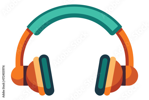 Teal and orange stereo headphones are displayed with stylized outlines and vibrant coloring