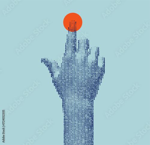 The hand presses the index finger on the button a virtual interface.  Technologies of the future. Сascading digital code matrix. Concept of digitalization and artificial intelligence. Illustration.