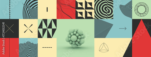 Molecule. A sphere of small balls. Surreal striped landscape background. Geometrical pattern. Mosaic. Optical illusion. Cover design template. Illustration for brochure, poster, flyer and banner.