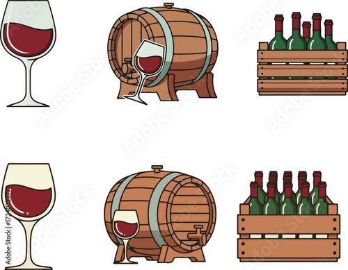 Collection of Wine Icons Featuring Glasses, Barrels, and Bottled Beverages