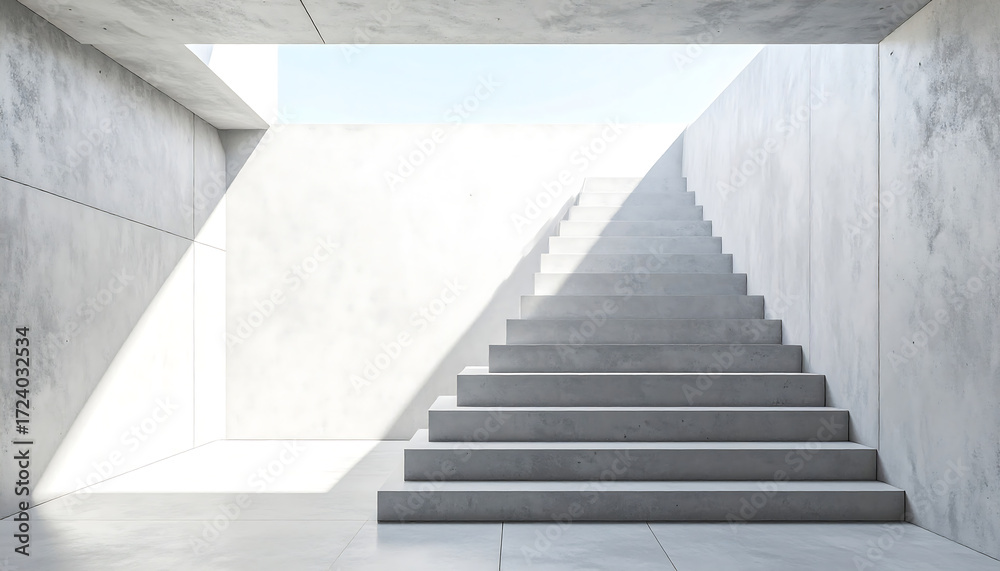 Fototapeta premium A stark, minimalist concrete staircase ascends towards a brilliant light source, symbolizing progress, opportunity, and the journey forward in a conceptual, modern architectural setting
