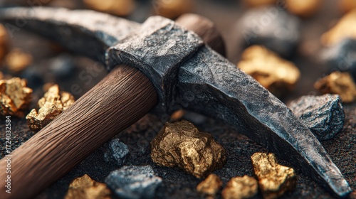 A close-up shot of a pickaxe resting on a bed of gold nuggets and rocks.