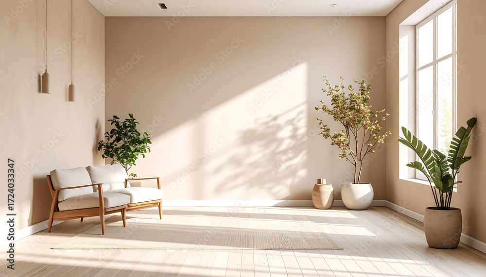 Fototapeta premium Minimalist living room with comfortable sofa, plants, and natural light creating a serene and stylish ambiance