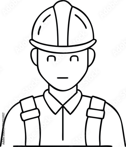 Stylized drawing of a construction worker wearing overalls and a hardhat