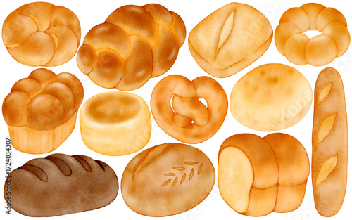 Watercolor Bread Clip Art Set Hand Painted Loaf Bun Pretzel Baguette Croissant Sourdough Artisan Bakery Food Vector Illustration