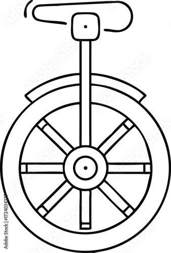 Cartoon outline of a unicycle with seat and single large wheel