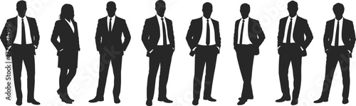 Business silhouette icon set, corporate attire figures, black design illustration, professional team vector, workplace diversity symbols, career and leadership graphics