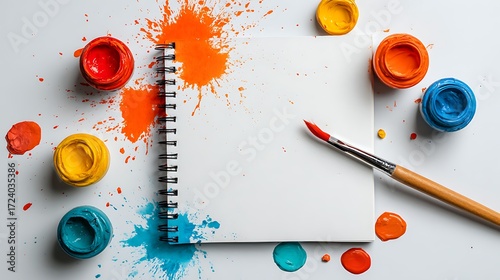 Wallpaper Mural A blank notebook with a paintbrush and colorful paint splatters on a white background Torontodigital.ca