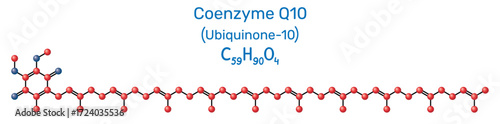Coenzyme Q10 (Ubiquinone-10, CoQ10) molecule. Ball-and-stick model, antioxidant and mitochondrial cofactor, electron carrier
