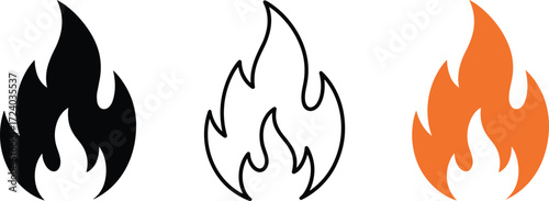 Flame icon set, stylized fire symbols, black and orange design, outline and solid vector, heat and energy graphics, danger and combustion elements