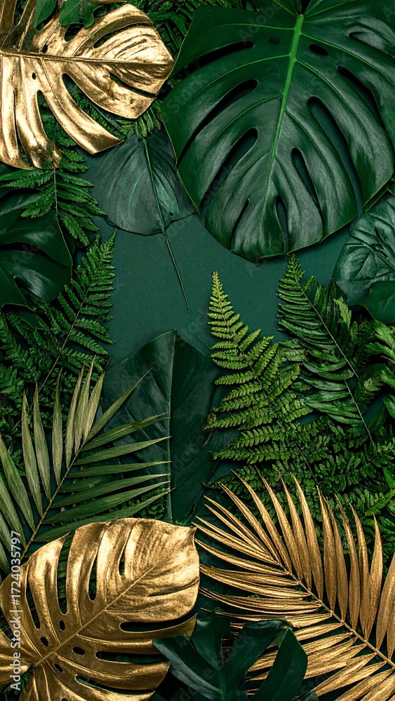 Fototapeta premium golden and green leaves, nature concept. Creative layout made of tropical leaves.