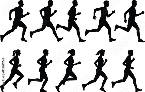 Running silhouette icon set, male and female athlete figures, black design illustration, motion and stride vector, fitness and sports graphics, dynamic posture elements