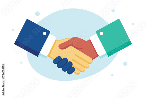 Diverse hands join in agreement within an approachable, simple, and modern flat handshake