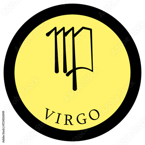 Circle with the zodiac sign Virgo. Virgo sign in a circle in peach color with a black rough border. Under the circle the inscription Virgo.