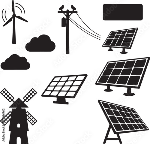 Energy management icon set. Smart grid, solar panel, wind turbine, and battery storage symbols
