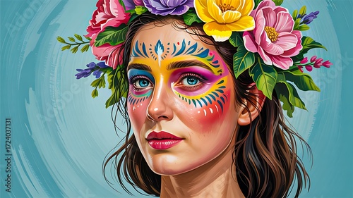 Harmony in Bloom: A portrait of a woman with flowers crown adorned by the beautiful of flowers. The woman is adorned by creative makeup.