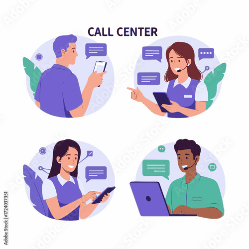 Call center collection with characters using AI-powered tools for communication. Helpdesk, hotline, and customer support service concept. Vector illustration.
