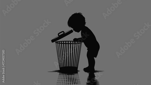 Intrigued silhouette of a child curiously exploring a trash can, sparking imagination and wonder, ideal for thought-provoking storytelling concepts