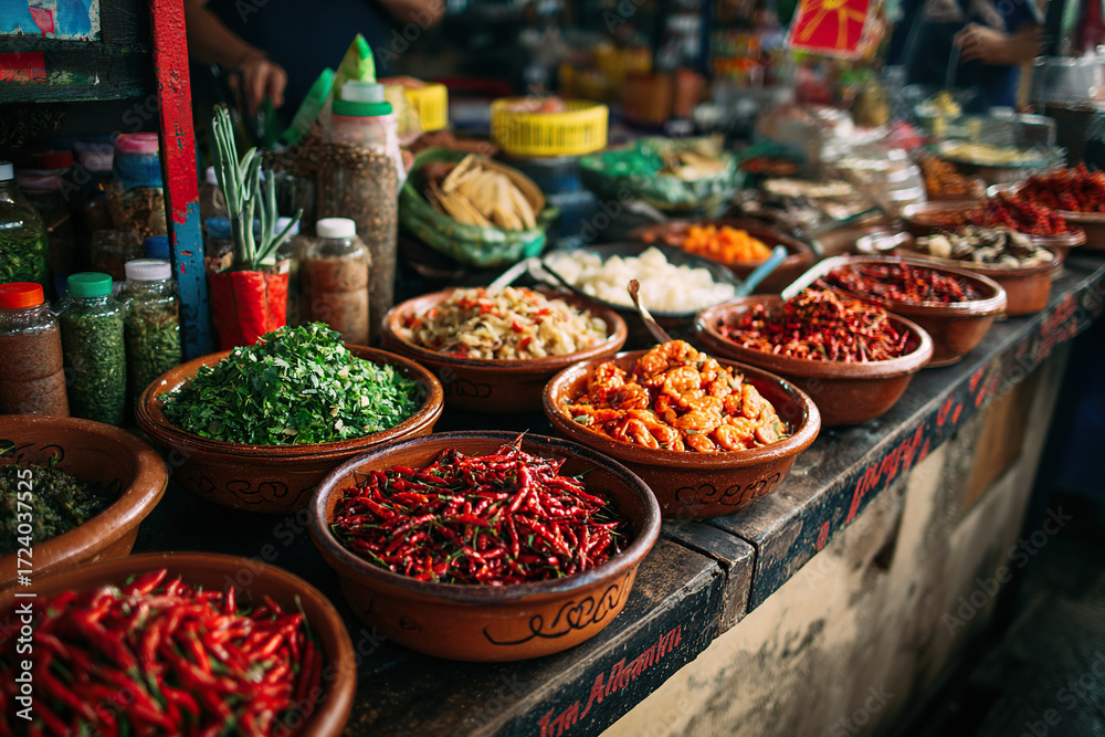 Fototapeta premium A Latin American food market. Hot peppers and other condiments are displayed on a wooden counter.