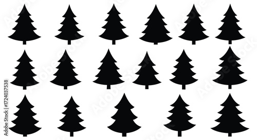 A collection of dark evergreen trees in a simple flat silhouette