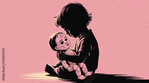 Touching scene of child lovingly cradling their doll, a tender moment of childhood innocence and affection, perfect for sentimental projects