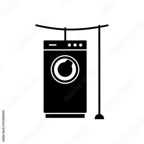 Washing machine on clothesline on transparent background silhouette
