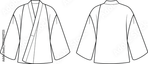 Traditional kimono style jacket fashion illustration, front and back technical drawing, garment flat sketch, clothing design template, apparel construction reference