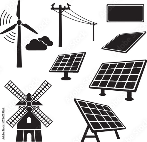 Renewable Energy and Industrial Icons in Black Outline Style wind turbine solar panel
