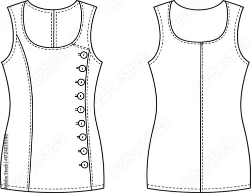 Fashion dress technical flat sketch, sleeveless scoop neck design, diagonal button closure, princess seam fitted silhouette, garment construction illustration vector